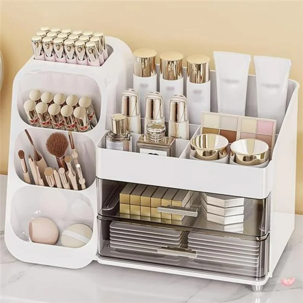 Large Makeup Organizer with Drawers Vanity Skincare Storage Box White